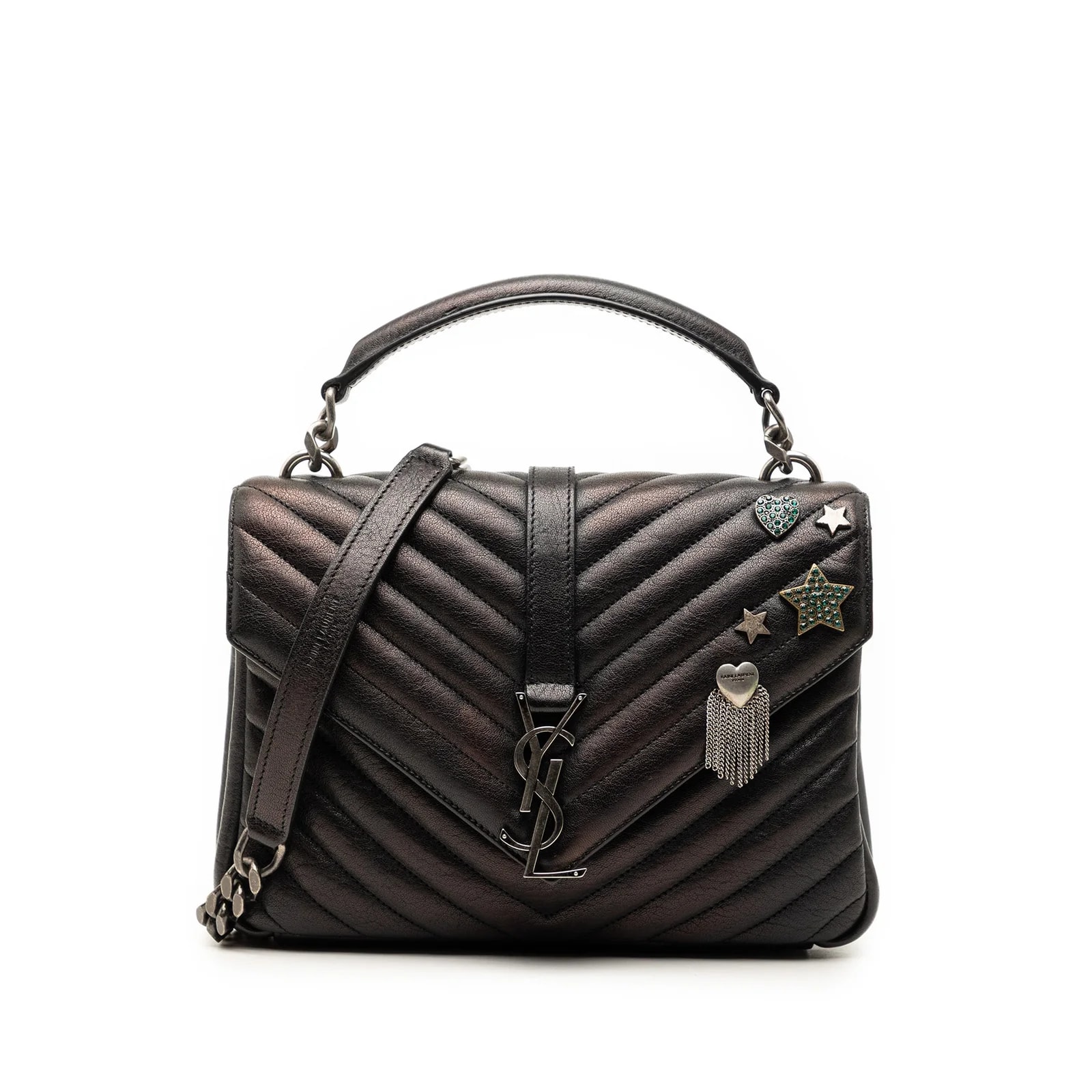 Saint Laurent — Medium Metallic Chevron College Pins Satchel — Handbag — resale