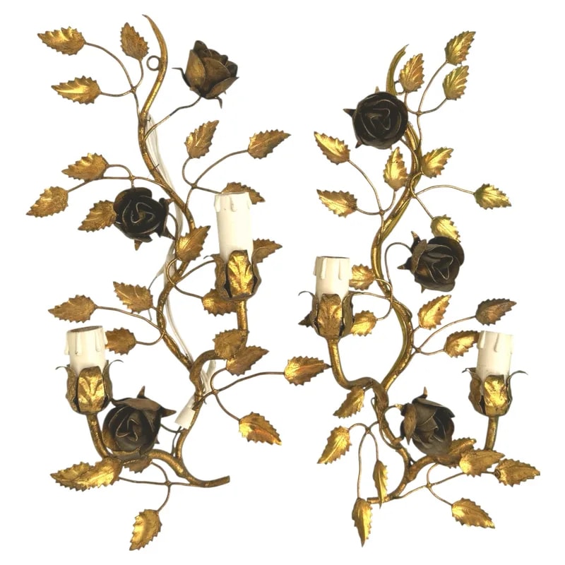 Pair of Italian Gilt and Flower Wall Sconce, Hollywood Regency, Italy, 1950s — lighting — resale