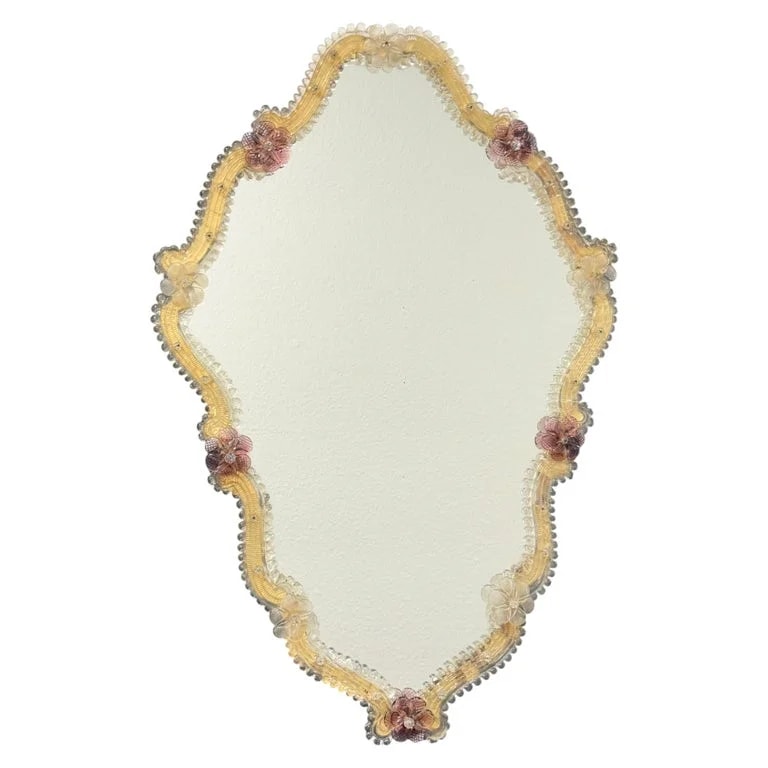 Murano — Exceptional Murano Glass Wall Mirror With Purple & Clear Flowers, Italy Venice — decorative_object — resale