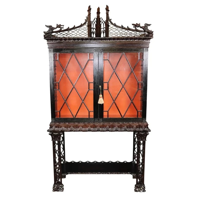 Dragon Carved 1900's English Chinese Chippendale Style English Vitrine — Furniture — resale