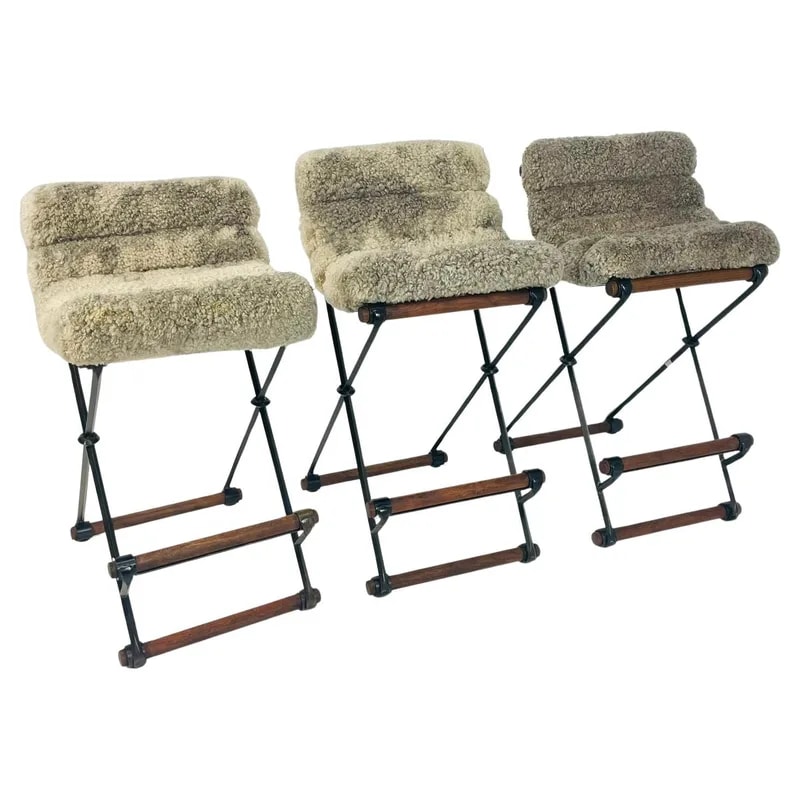 Set of 3 Cleo Baldon Terra Bar Stools, 1970s Architectural Iron & Sheepskin — Furniture — resale