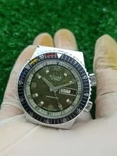 Vtg Sicura Breitling Twin Crown Diver 25J Automatic Green Textured Dial 4