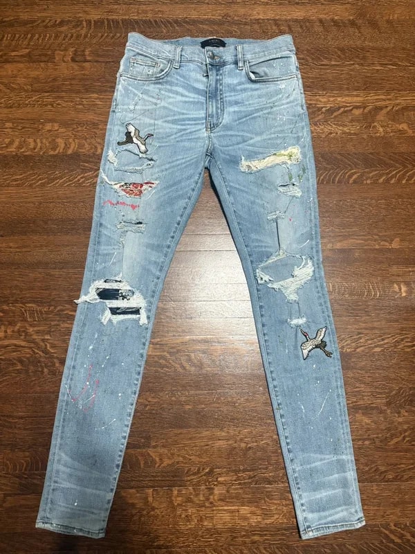 Amiri Crane Patch Distressed Jeans — Clothing — resale