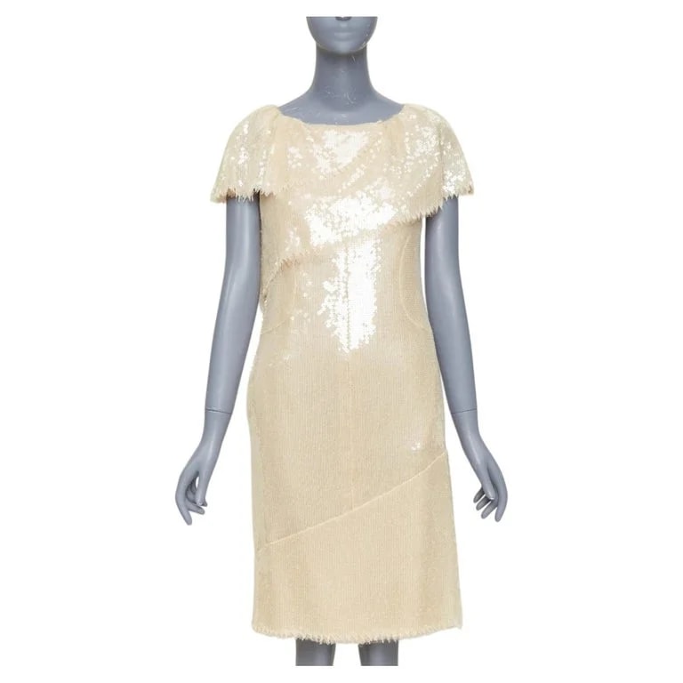 Chanel, Karl Lagerfeld — Chanel Bridal 08P Sequinned Raw Edge Asymmetric Capelet Shift Dress FR36 S — Clothing — resale