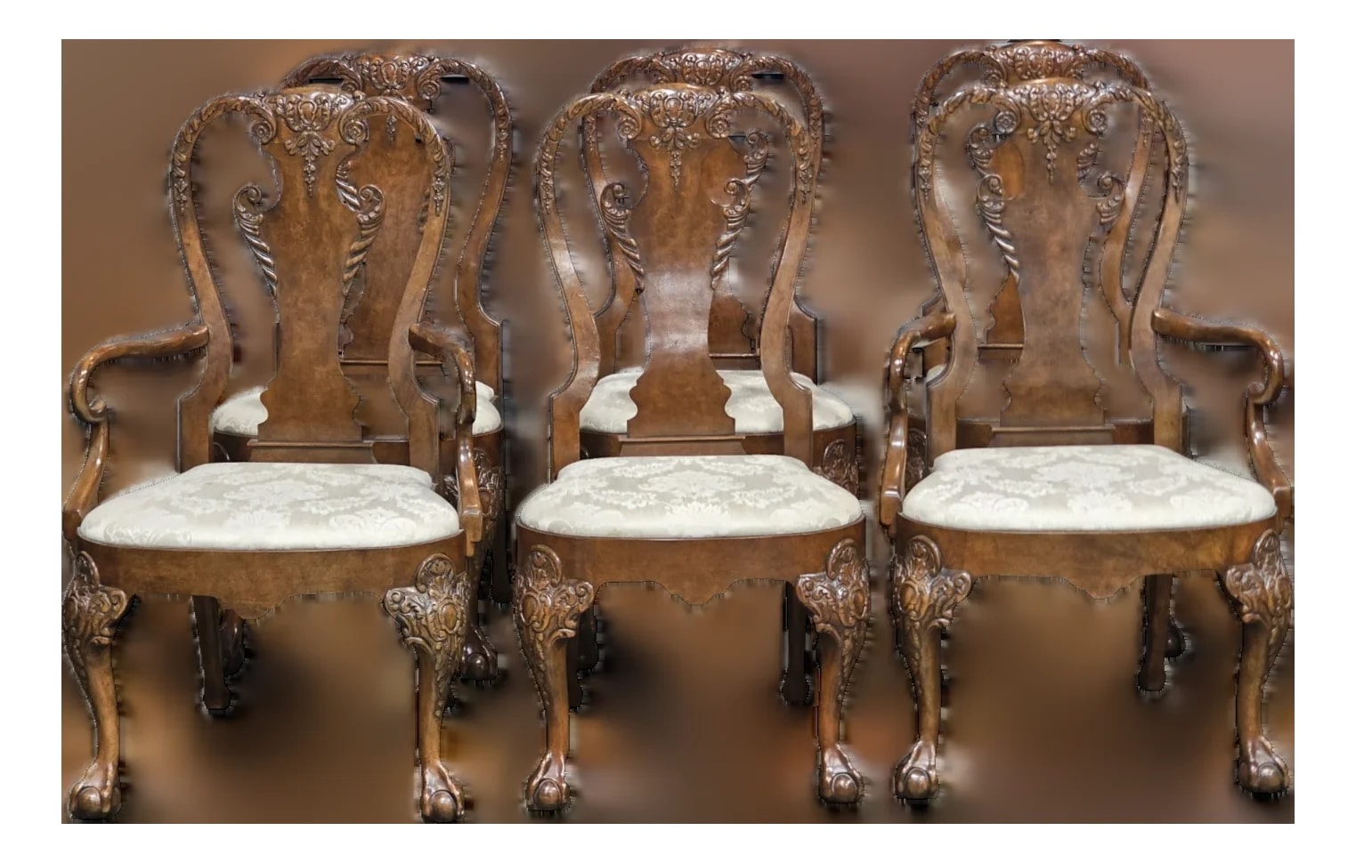 Baker Furniture Company — Late 20th Century Share Set of 6 Baker Stately Homes Burl Dining Claw & Ball Feet George I — Furniture — resale
