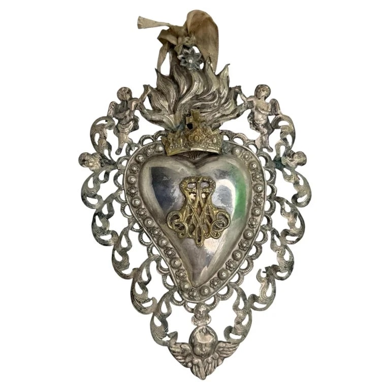 Sacred Heart Ex Voto With Cherub Angel, Antique European Italy — Furniture — resale