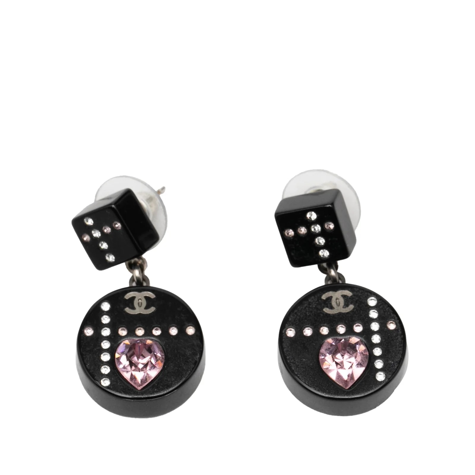 Chanel — Resin CC Dice and Heart Drop Push Back — Jewelry — resale