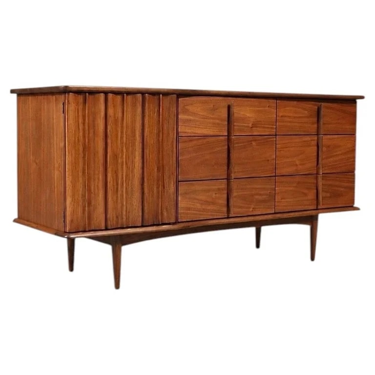 United Furniture Corporation — Newly Refinished- Mid Century Modern Sculpted Walnut Dresser By United Furniture — Furniture — resale