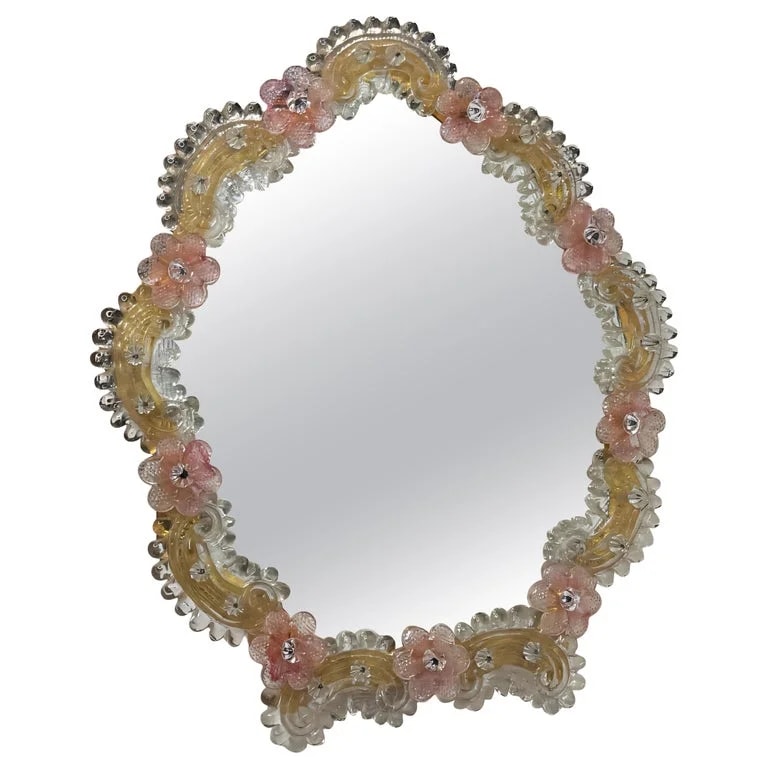 Murano — Exceptional Murano Glass Wall Mirror With Pink Flowers 1960s, Italy Venice — decorative_object — resale
