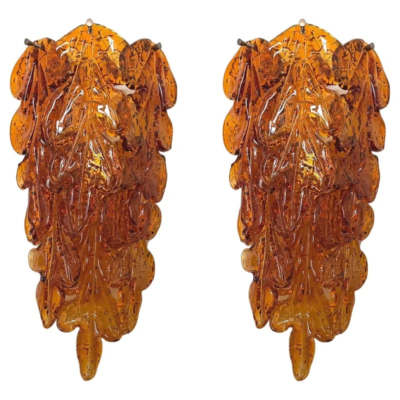 Italian Midcentury Pair of Amber Murano Leaf Wall Sconces by Mazzega, 1970s — lighting — resale