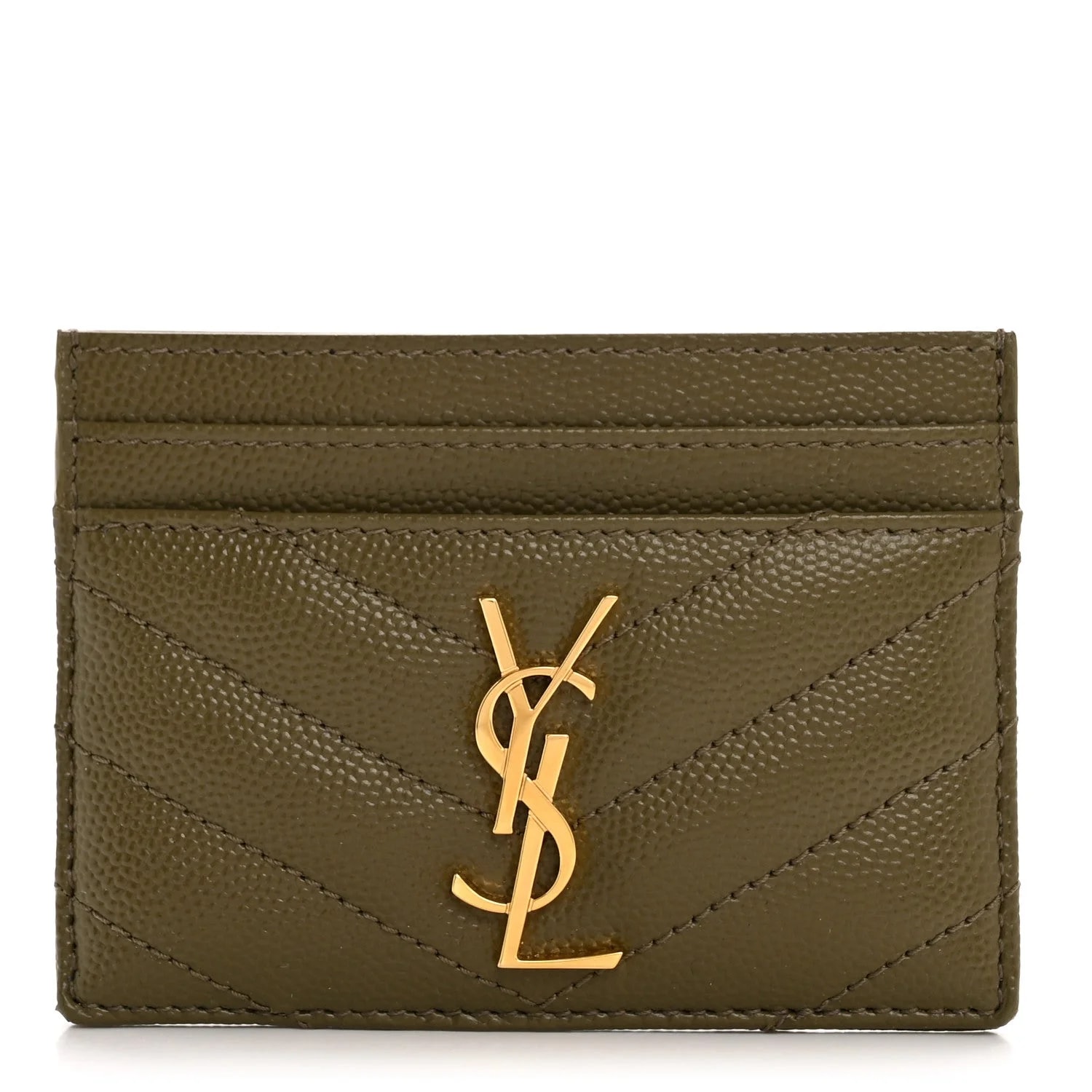 Saint Laurent — Grain de Poudre Chevron Credit Card Case Kaki — Accessory — resale
