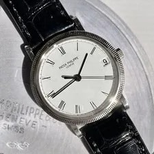 Patek Philippe Calatrava 18K White Gold Automatic Date Black Leather Band 3802G 3