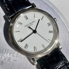 Patek Philippe Calatrava 18K White Gold Automatic Date Black Leather Band 3802G 4