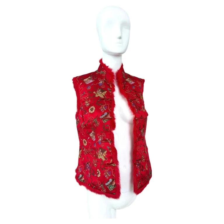 Adrienne Landau — Adrienne Landau Chinoiserie Fur Trimmed Lightweight Vest — Clothing — resale