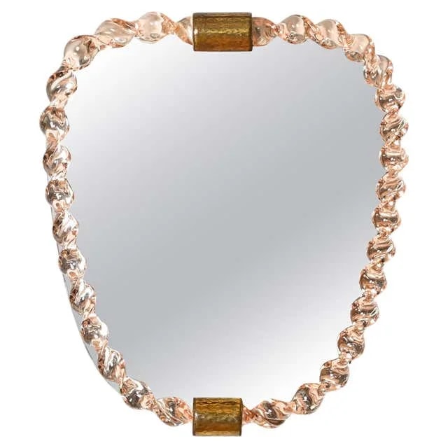 Barovier Pink Mirror in Blown Murano Glass and Hammered Brass, Italy 1940s — decorative_object — resale