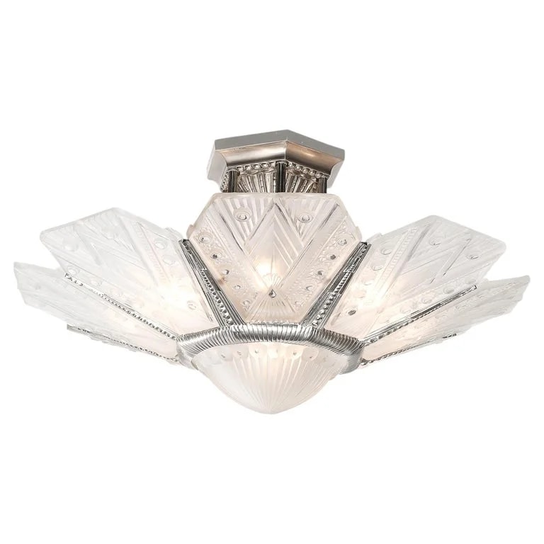Art Deco Frosted Cubist Geometric Detail & Fluted Signed Leleu — lighting — resale