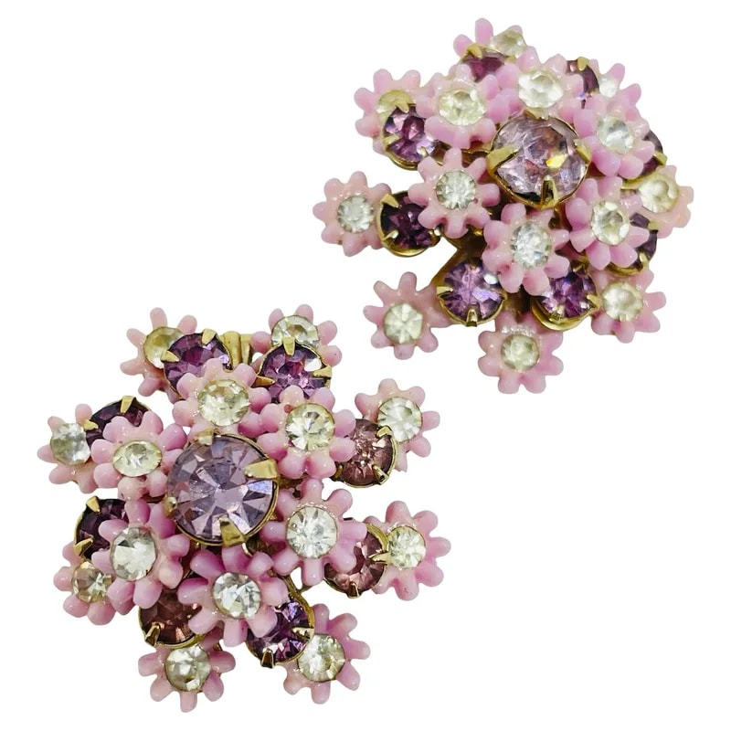 Vintage — Leru Signed Tone Crystals Flower Clip-On — Jewelry — resale