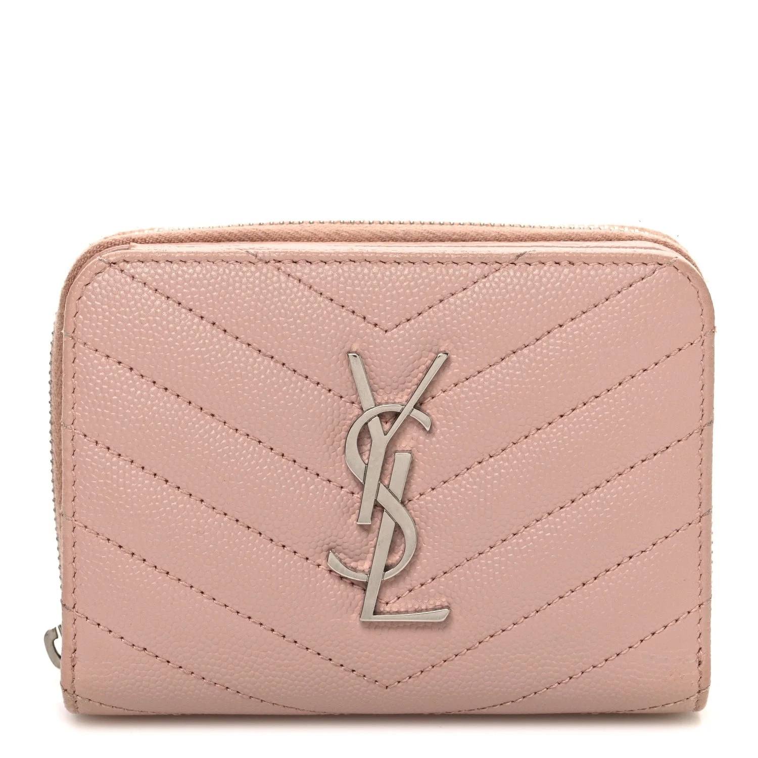 Saint Laurent — Grain de Poudre Chevron Compact Zip Around Wallet — Accessory — resale