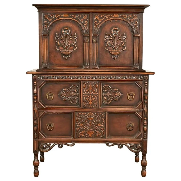 Berkey & Gay — Berkey & Gay Style Antique English Jacobean Carved Highboy Dresser, 1920s — Furniture — resale