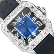 Cartier — NEW 3.50TCW Natural Diamond Cartier Santos Large 40mm Pave Roman Blue Dial — Watch — resale
