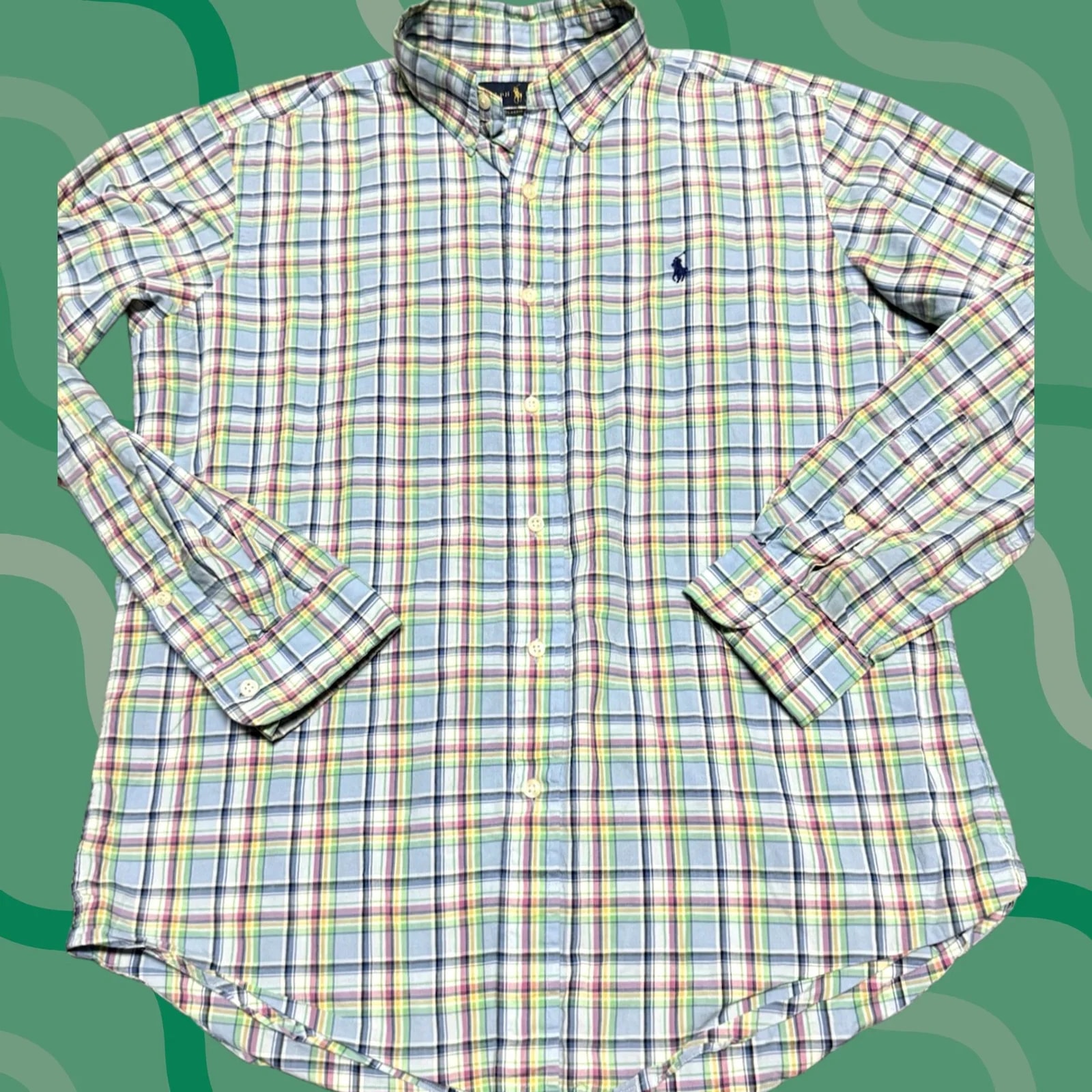 Polo Ralph Lauren — Polo Ralph Lauren Shirt Mens Medium Blue PinkPink Yellow Easter Plaid Church Button-Up — streetwear — resale