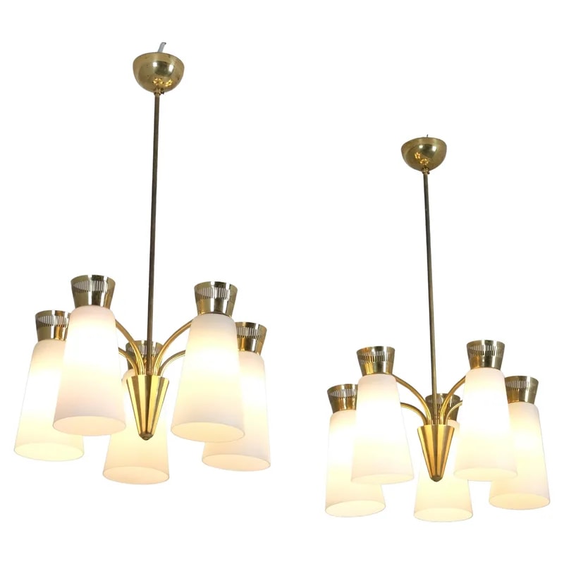 Pair of Mid-Century Itsu Ceiling Lamps ER-103/5 Brass Opaline, Finland, 1950s — lighting — resale