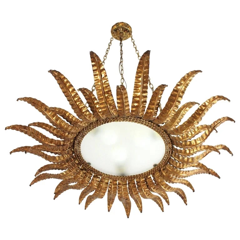 Huge Spanish Sunburst Foliage Fixture in Gilt , 1950s — lighting — resale