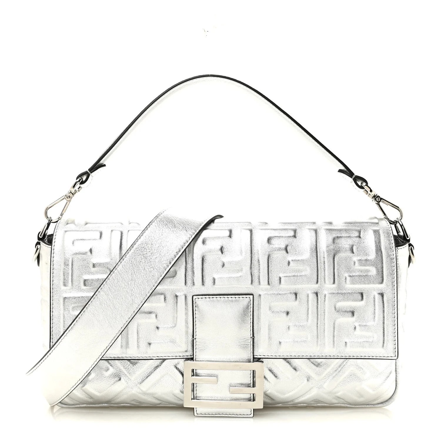 Fendi — Vitello Catalan Mirror 1974 Embossed Large Baguette Argento — Handbag — resale
