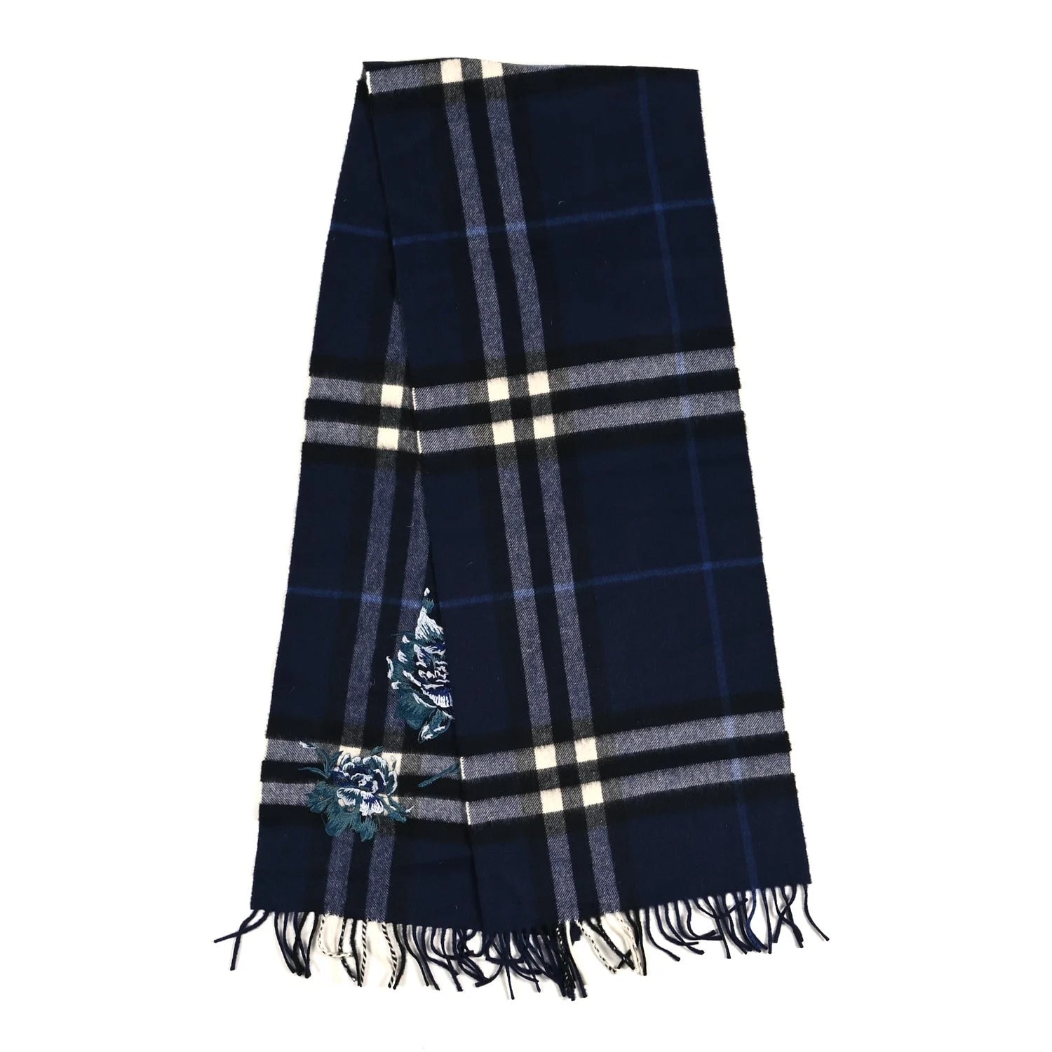 Peony Flower Embroidered Classic Check Fringe Scarf Dark 2