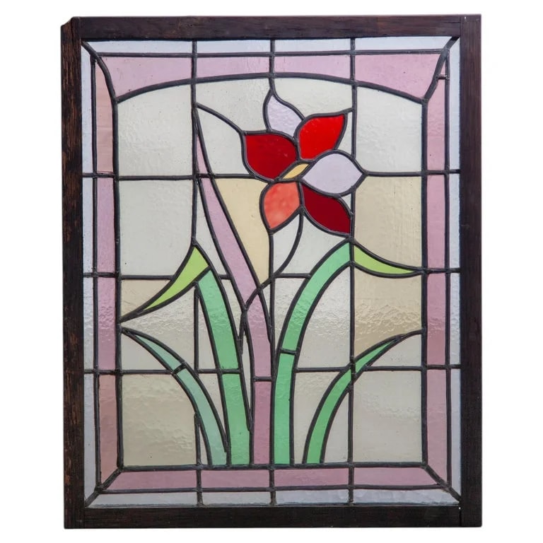 Art Nouveau Stained Panel, Hand-Crafted, Belgium, Floral Design — Furniture — resale