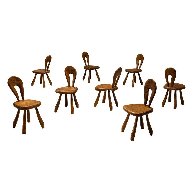 Brutalist French Set of Eight Dining in Gouge Solid Elm By Cabinetmaker — Furniture — resale
