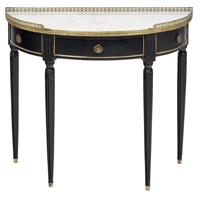 Louis — French Louis XVI Style Ebonized, Brass and Marble Demi-Lune Console — Furniture — resale