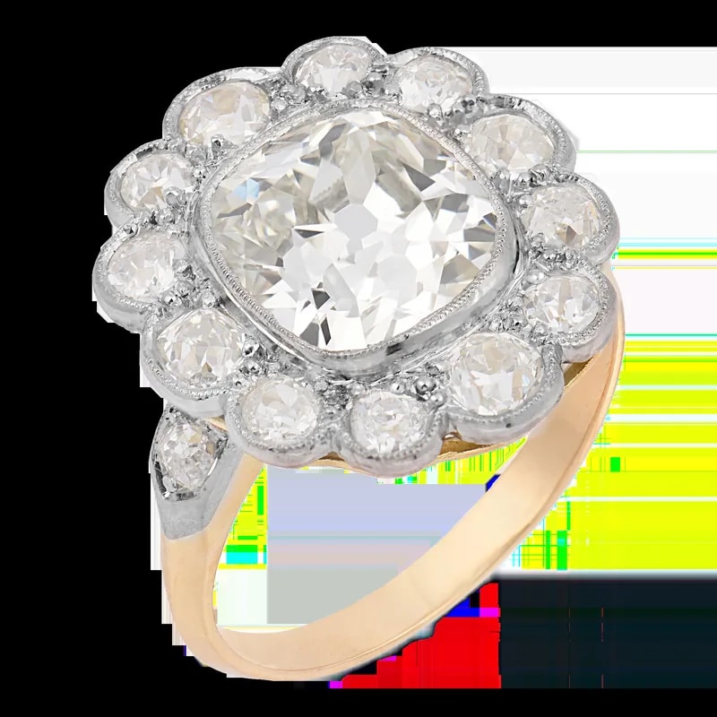 1910s Belle Epoque French Gia 3.04 Carat Old Mine Cut Diamond 18k Gold Cluster Ring, Size 6.5 — Jewelry — resale