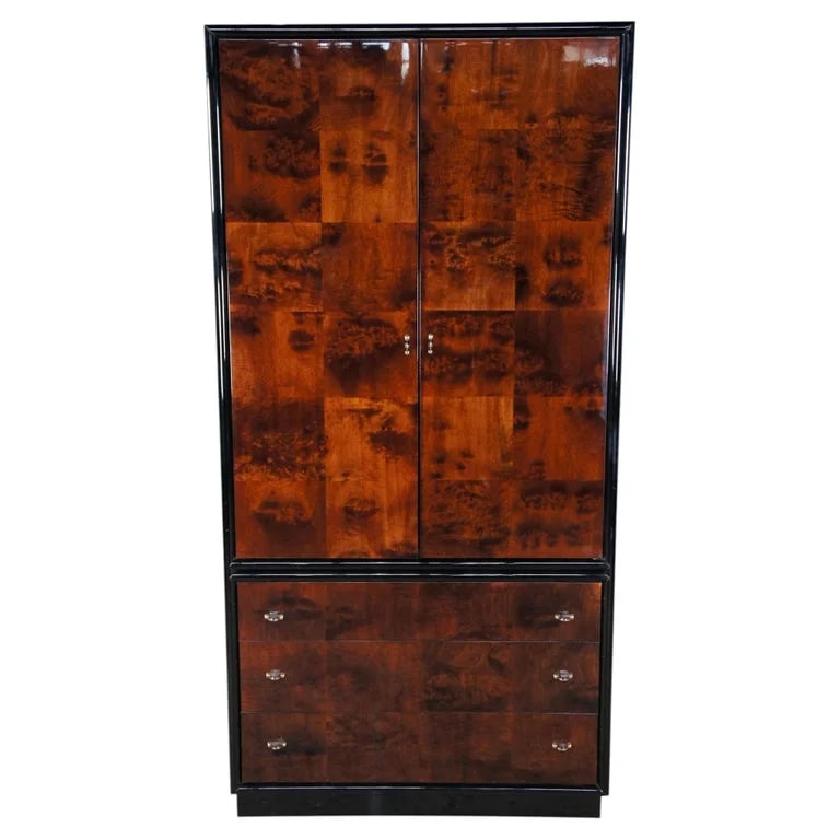 Henredon — Henredon Scene Three Art Deco Style Walnut Burl Black Lacquer Armoire Wardrobe — Furniture — resale