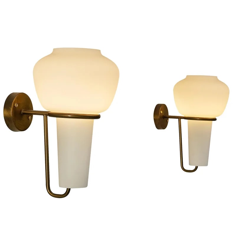 Hans-Agne Jakobsson Pair of Wall Lights in Brass and White Glass — Furniture — resale
