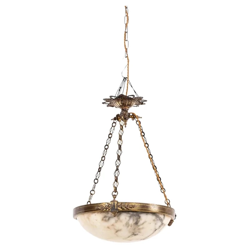 Antique Marbled French Alabaster Plafonnier Brass Ceiling Light Pendant, C1900 — lighting — resale