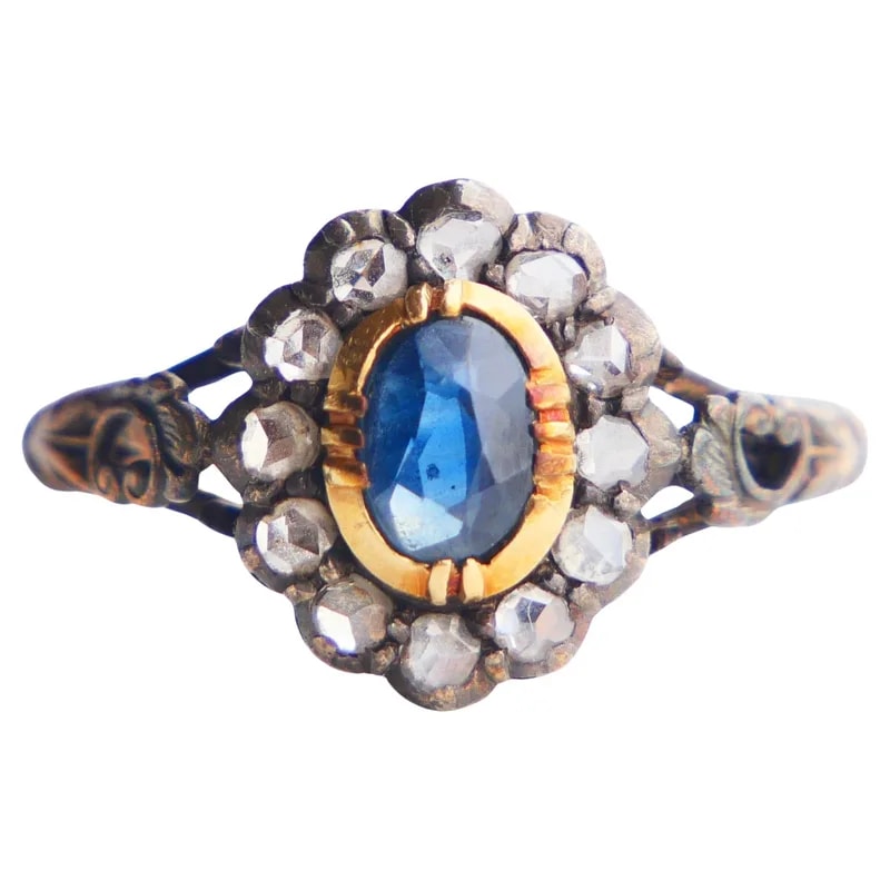 1959 Halo Ring Natural 0.7ct Sapphire Diamonds Solid 18K Gold — Jewelry — resale