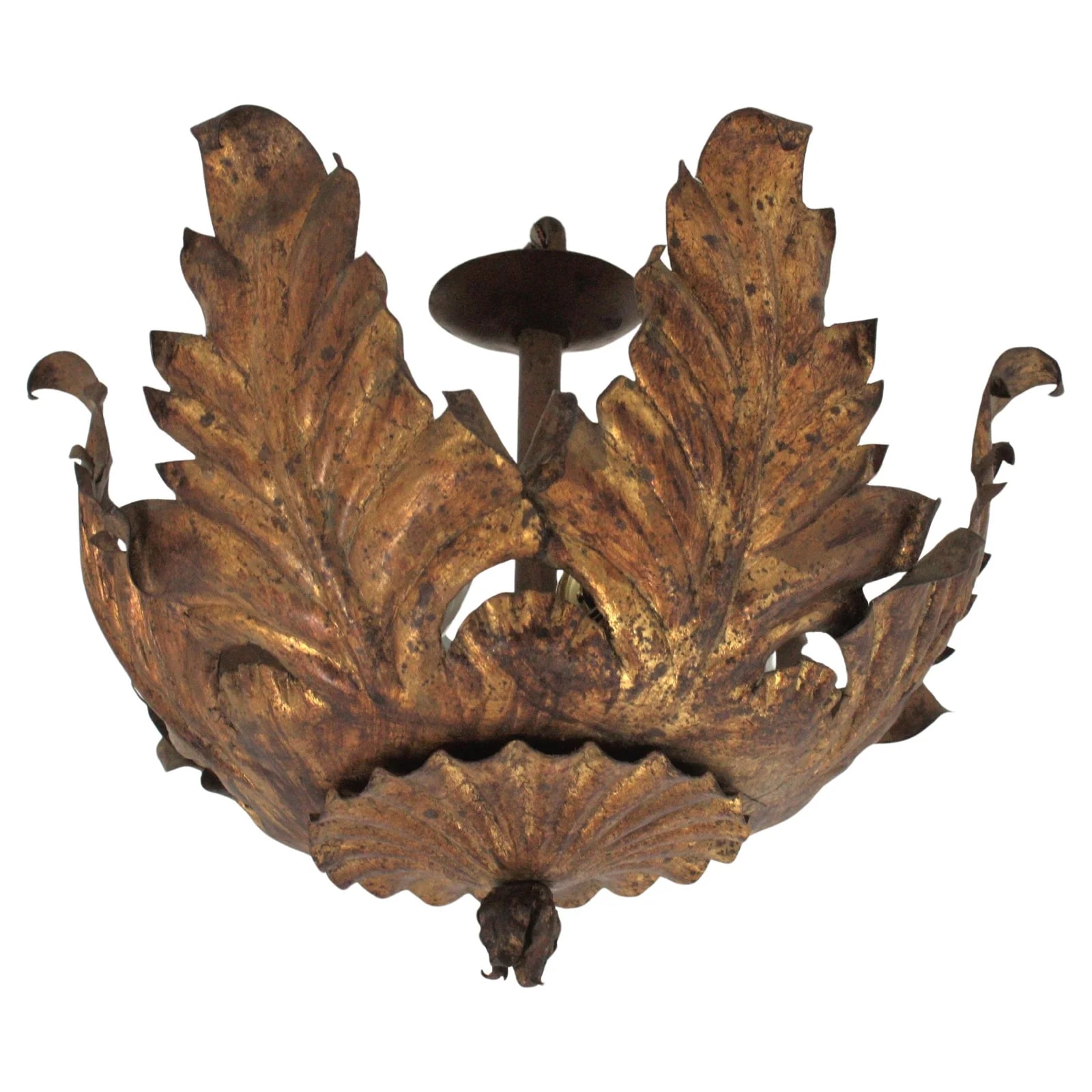 Scalloped Flower Ceiling Light Fixture in Gilt Iron, France, 1940s 3