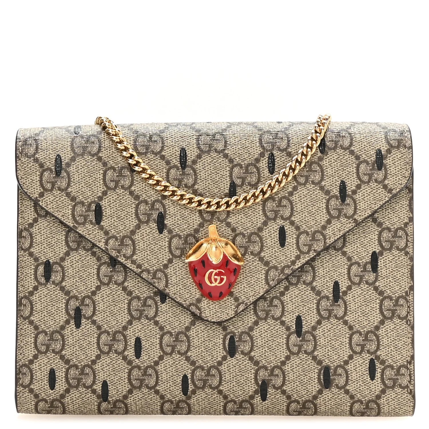 Gucci — Strawberry Seed Textured Dollar Enamel Double G Strawberry Wallet on Chain New Acero Hibiscus — Handbag — resale