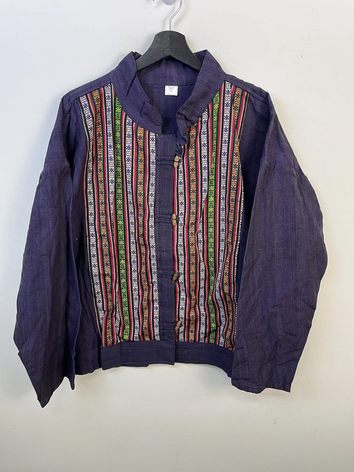Vest 1980s Nepalese Pattern Striped Wooden Toggle Button Up Shrit — streetwear — resale