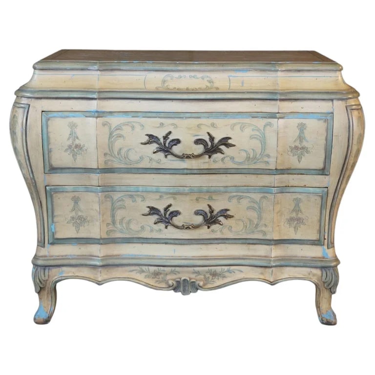Karges Furniture — French Provincial Hand Painted Venetian Bombe Commode Nightstand Chest — Furniture — resale