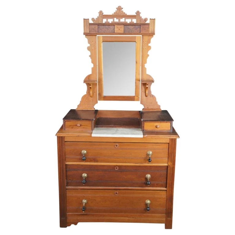 Antique Victorian Eastlake Top Dresser Glove Box Shaving Mirror — Furniture — resale