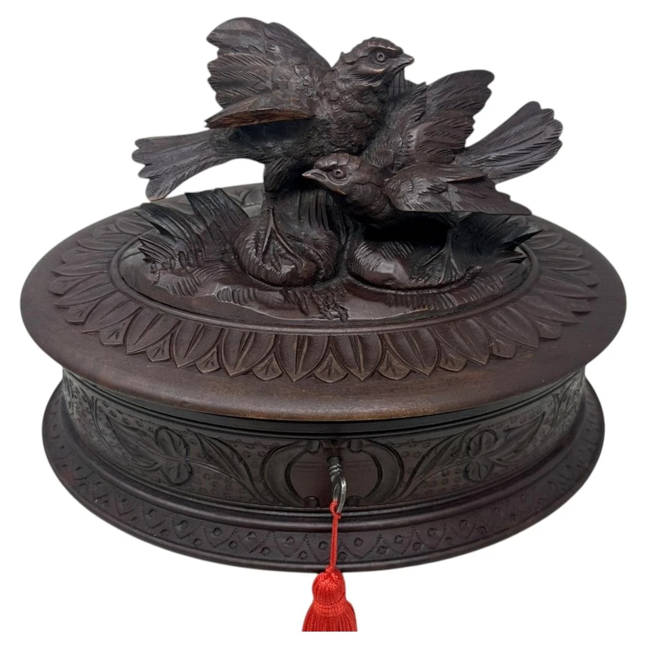 Antique Lady's Bog German Jewelry Box Casket Carved Pheasants Birds — decorative_object — resale