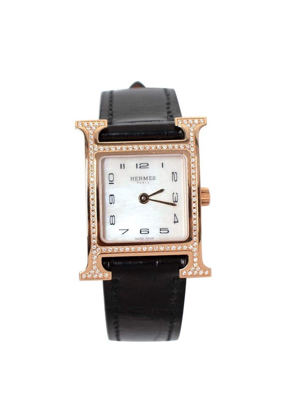 Hermes Black Alligator and Diamond Heure H With Rose Gold Hardware 3