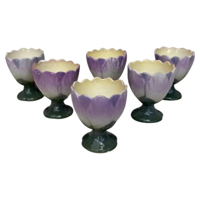 Saint-Clément — French Set of 6 Majolica Flowers Egg Cup Circa 1890 — Furniture — resale