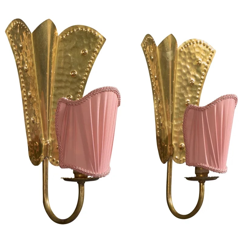 Swedish Designer Wall Lights, Brass & Fabric, Sweden, 1940s — Furniture — resale