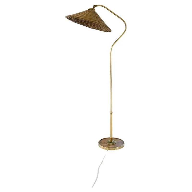 Art Deco Sculptural Brass and Rattan Floor Lamp, Sweden, 1940s — lighting — resale
