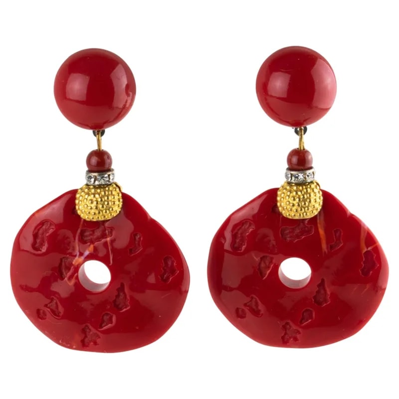 Angela Caputi — Angela Caputi Gilded and Cinnabar Resin Dangle Clip Earrings — Jewelry — resale