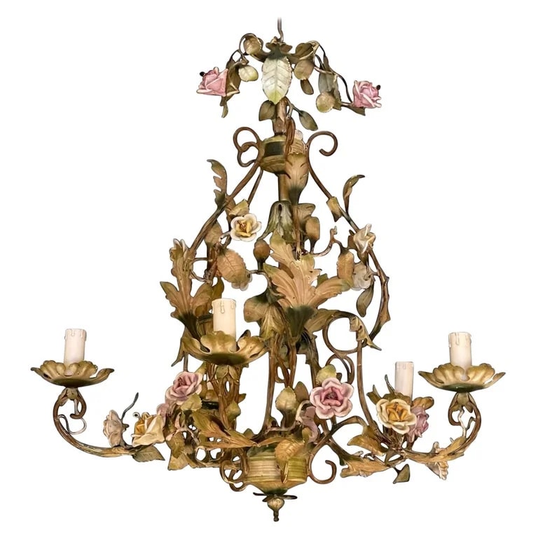 Porcelain Floral Roses Flower Bianci Full Paint , Italy 1940s — lighting — resale