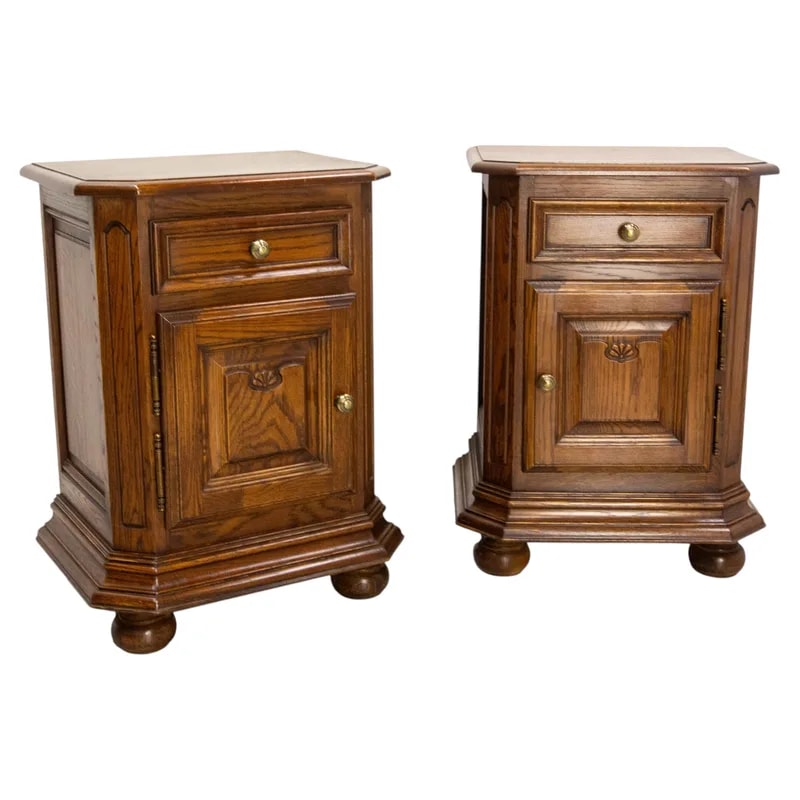 French Pair of Nightstands Side Cabinets Bedside Massive Oak, Circa 1980 — Furniture — resale